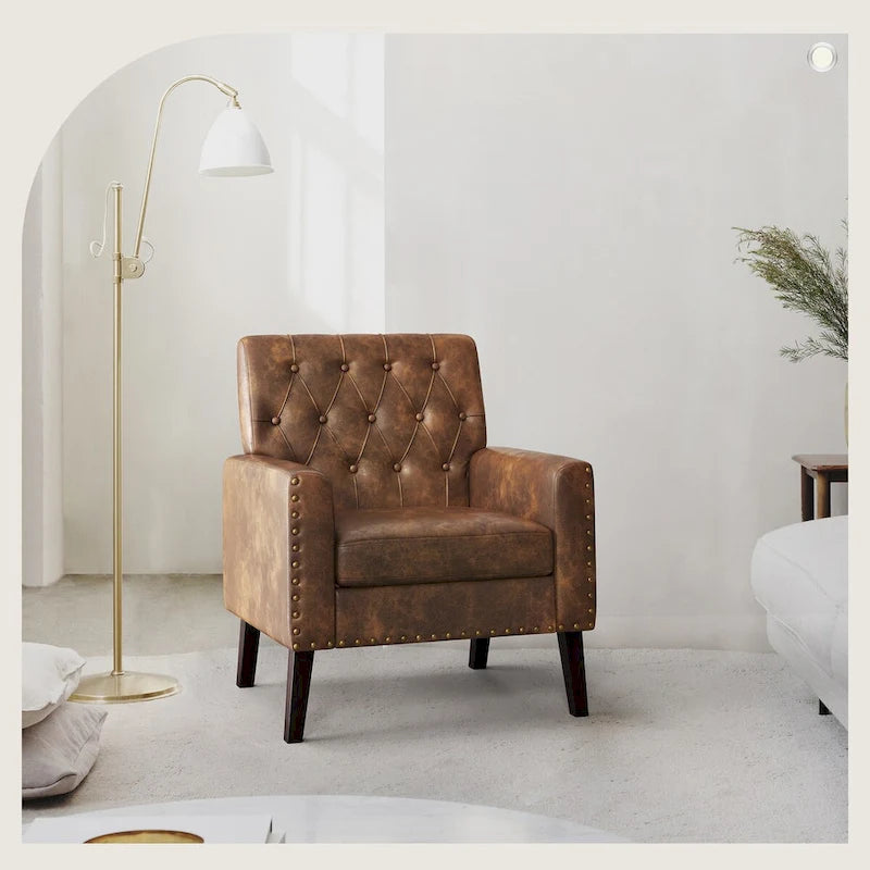 Linen and Walnut Legs Mid Century Modern Button Tufted Accent Chair - 29.53 H X 30 W X 33.07 D
