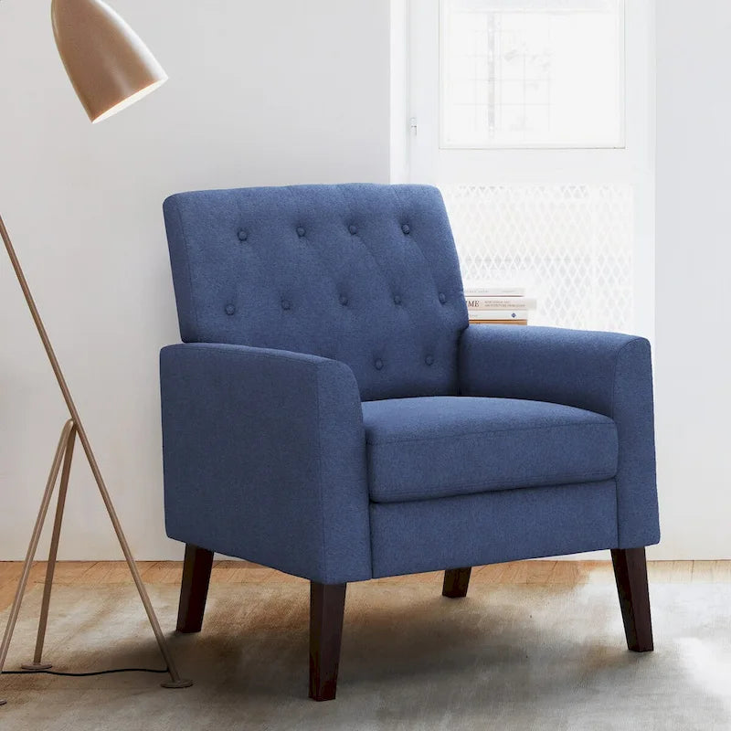 Linen and Walnut Legs Mid Century Modern Button Tufted Accent Chair - 29.53 H X 30 W X 33.07 D