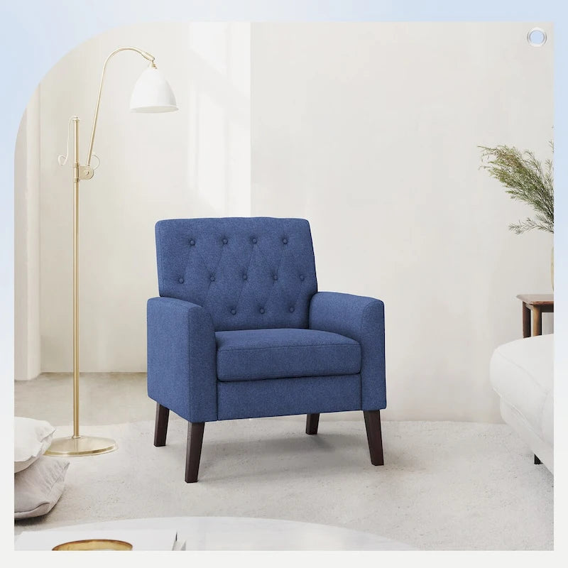 Linen and Walnut Legs Mid Century Modern Button Tufted Accent Chair - 29.53 H X 30 W X 33.07 D