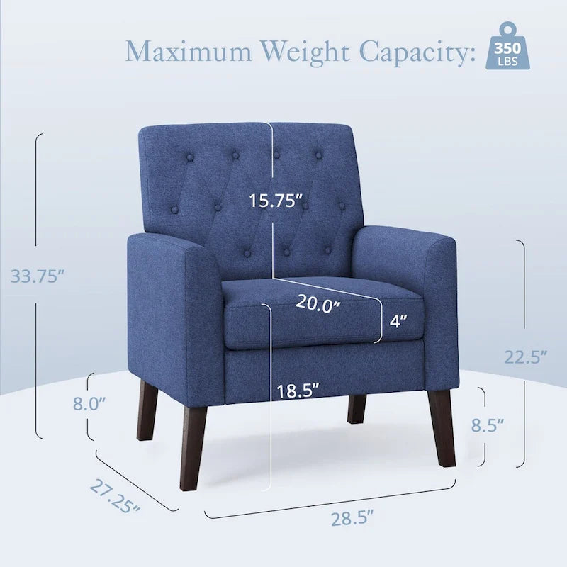 Linen and Walnut Legs Mid Century Modern Button Tufted Accent Chair - 29.53 H X 30 W X 33.07 D