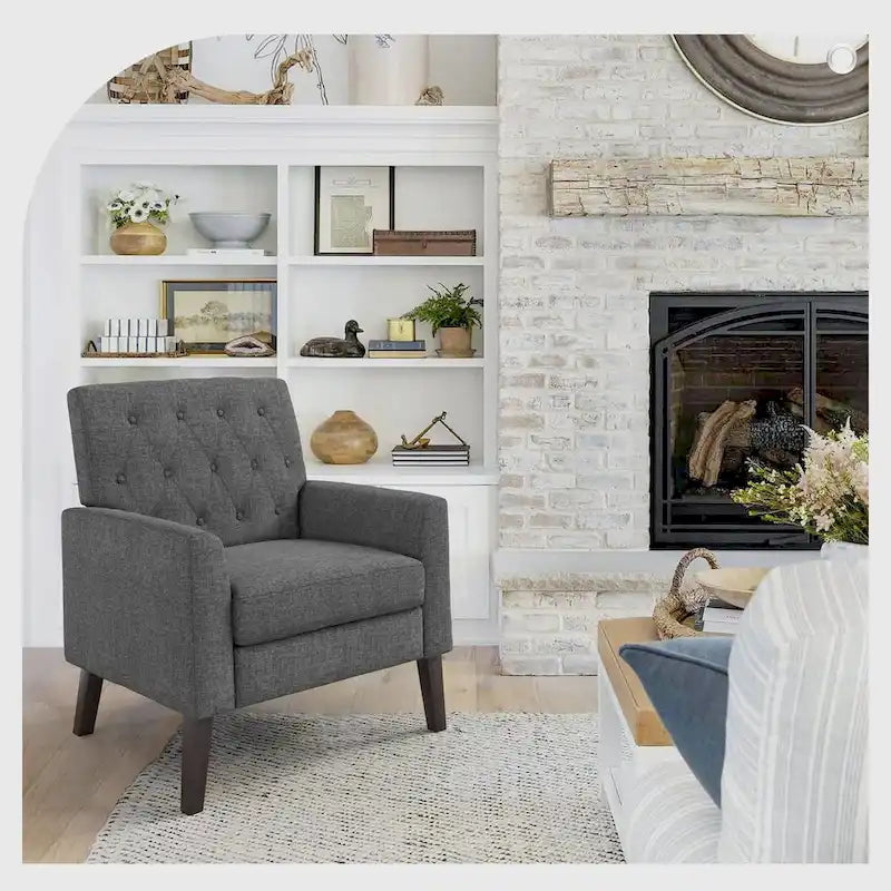 Linen and Walnut Legs Mid Century Modern Button Tufted Accent Chair - 29.53 H X 30 W X 33.07 D