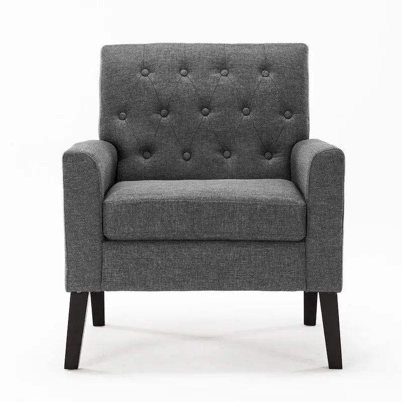 Linen and Walnut Legs Mid Century Modern Button Tufted Accent Chair - 29.53 H X 30 W X 33.07 D