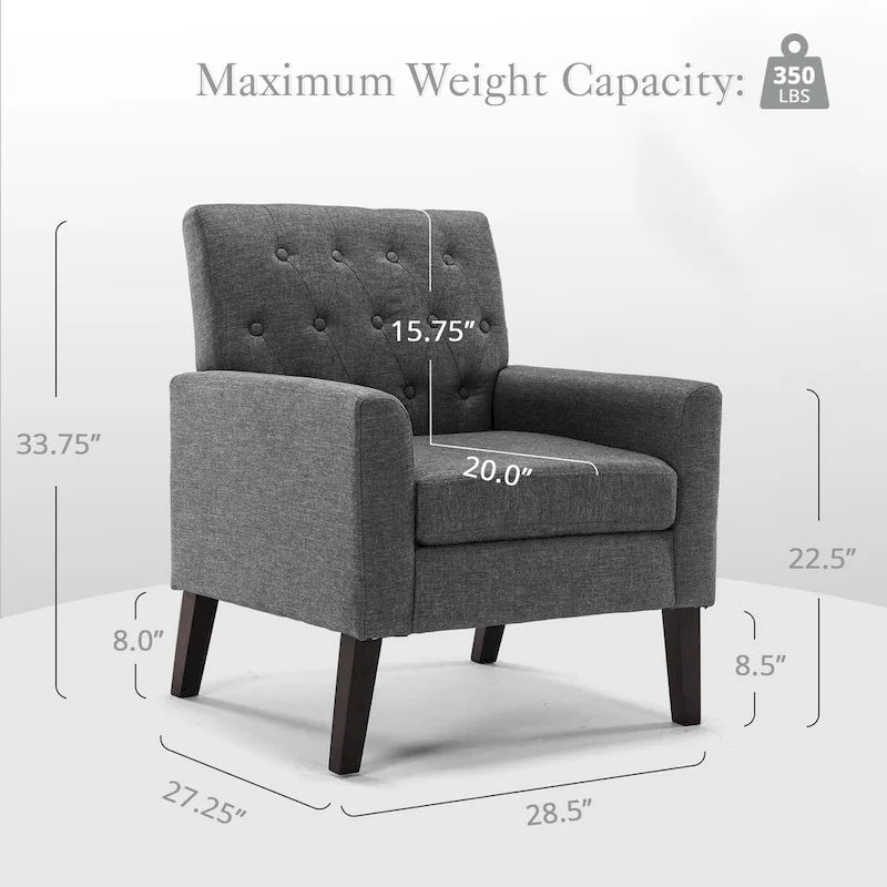Linen and Walnut Legs Mid Century Modern Button Tufted Accent Chair - 29.53 H X 30 W X 33.07 D