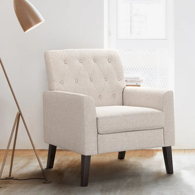 Linen and Walnut Legs Mid Century Modern Button Tufted Accent Chair - 29.53 H X 30 W X 33.07 D