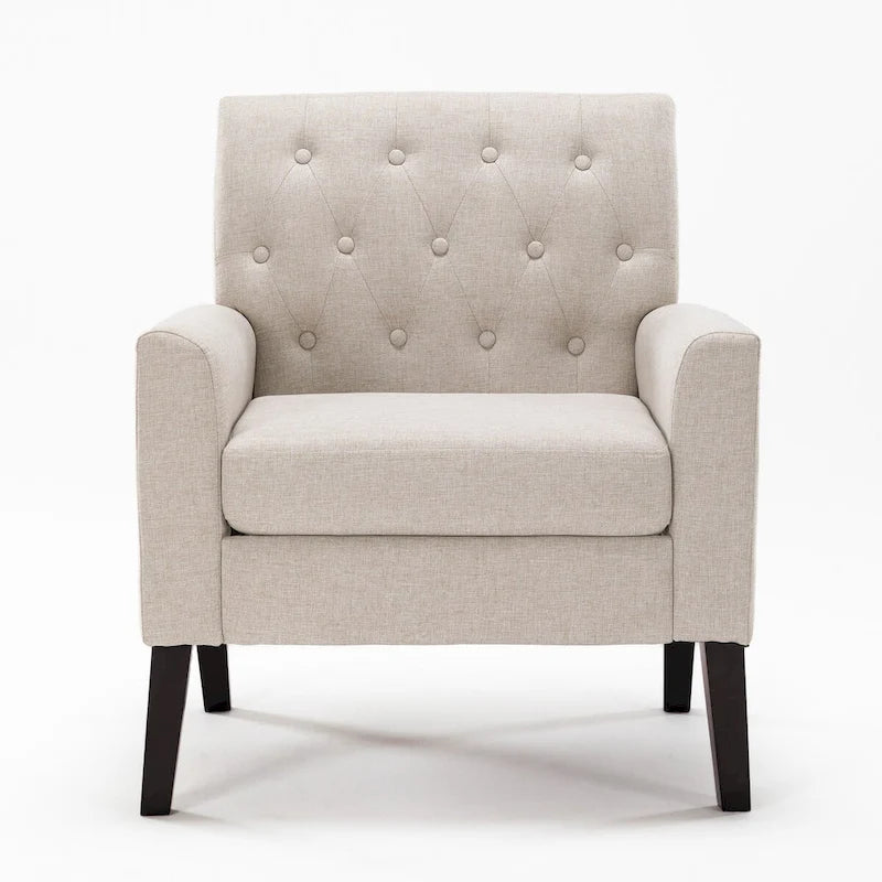 Linen and Walnut Legs Mid Century Modern Button Tufted Accent Chair - 29.53 H X 30 W X 33.07 D