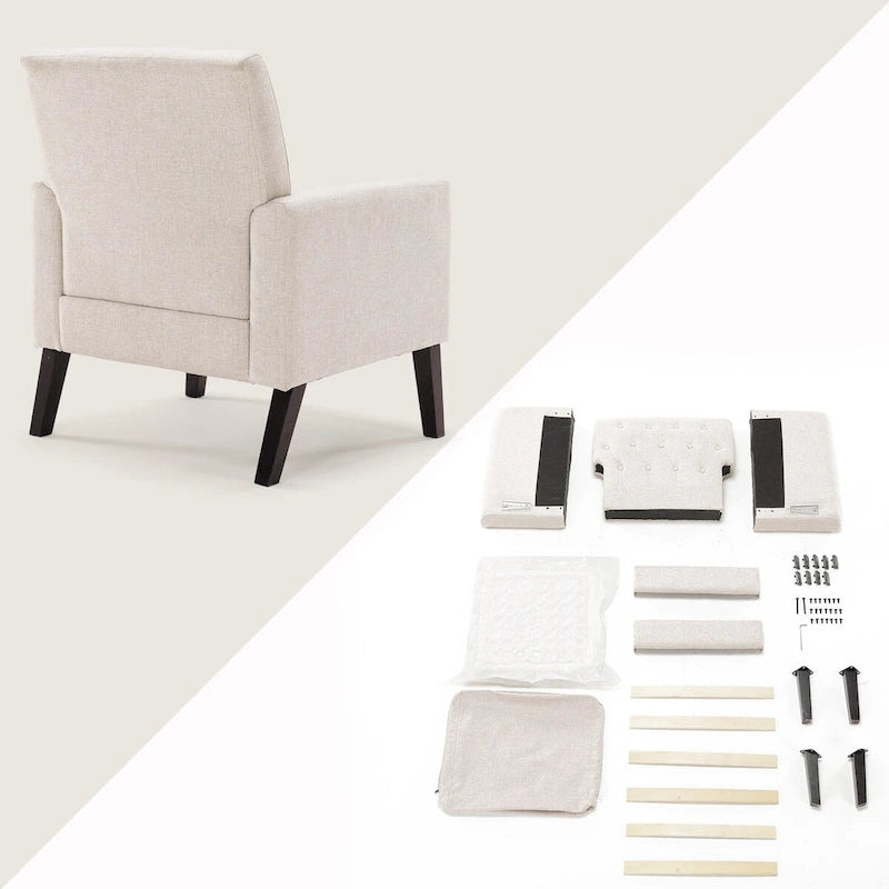 Linen and Walnut Legs Mid Century Modern Button Tufted Accent Chair - 29.53 H X 30 W X 33.07 D