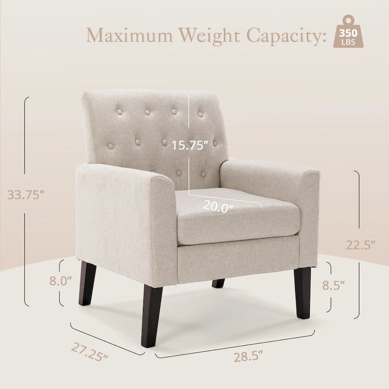 Linen and Walnut Legs Mid Century Modern Button Tufted Accent Chair - 29.53 H X 30 W X 33.07 D