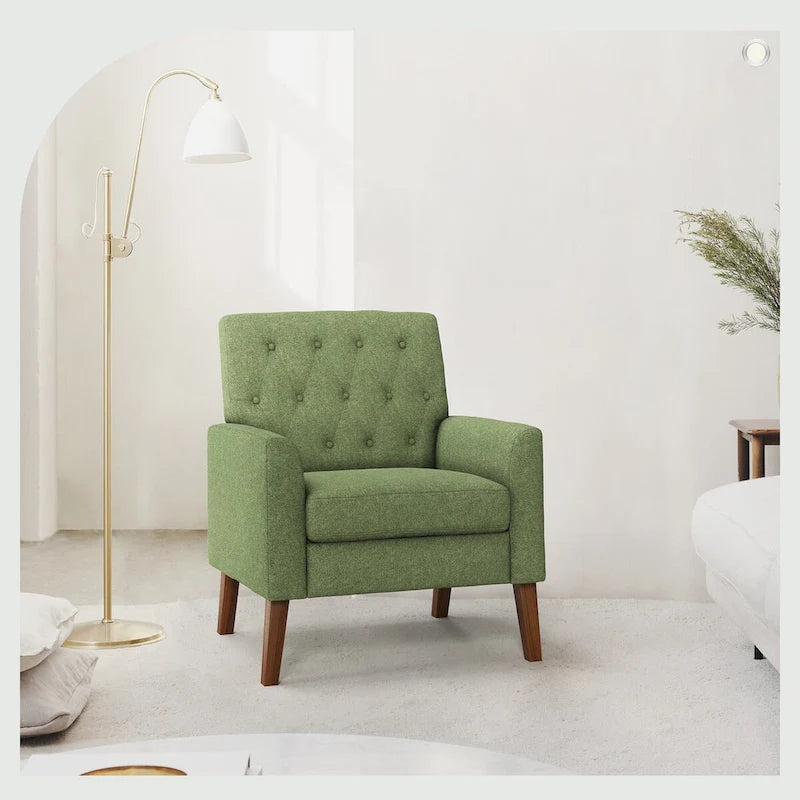 Linen and Walnut Legs Mid Century Modern Button Tufted Accent Chair - 29.53 H X 30 W X 33.07 D