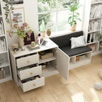 White Entryway Shoe Storage Bench with Black Cushion and Drawers