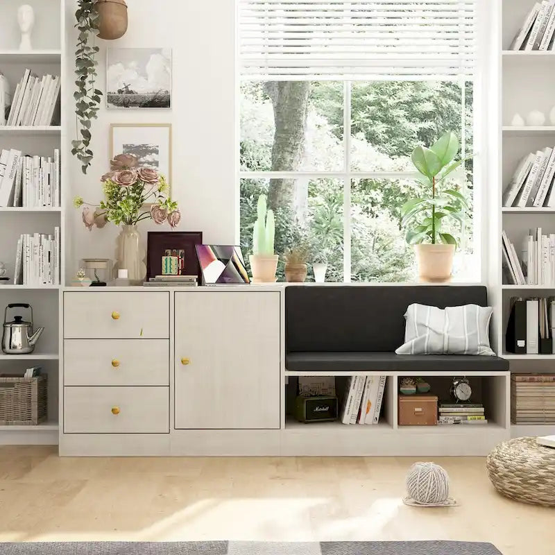 White Entryway Shoe Storage Bench with Black Cushion and Drawers