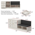 White Entryway Shoe Storage Bench with Black Cushion and Drawers