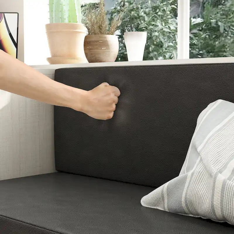 White Entryway Shoe Storage Bench with Black Cushion and Drawers