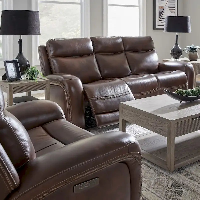 Leather Dual Power Reclining Sofa - Cognac
