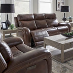 Leather Dual Power Reclining Sofa - Cognac