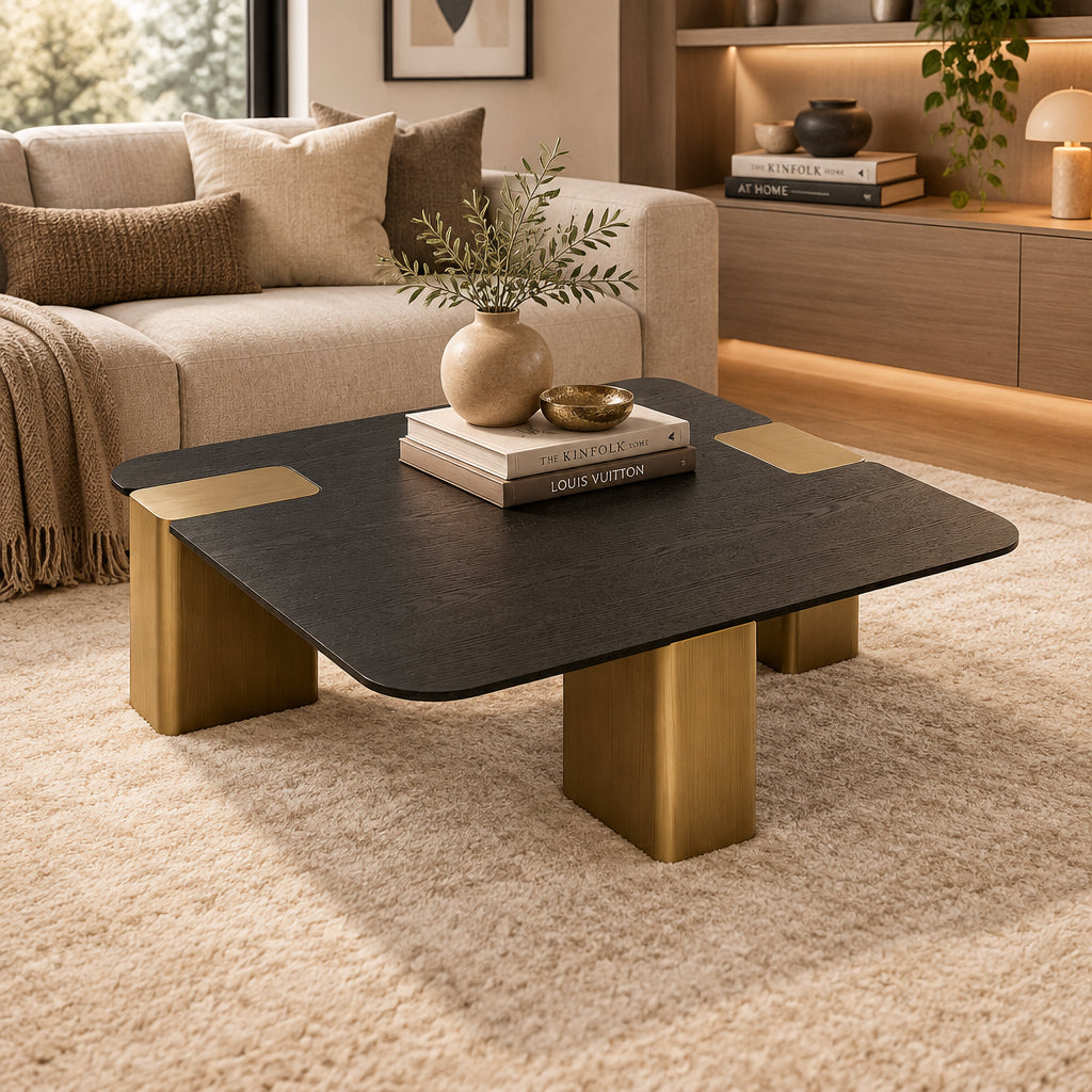 Cid Casy 39 Inch Coffee Table, Square Black Veneer, Brushed Gold Block Legs