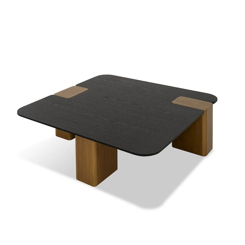 Table basse de 39 pouces, placage noir carré, pieds blocs dorés brossés