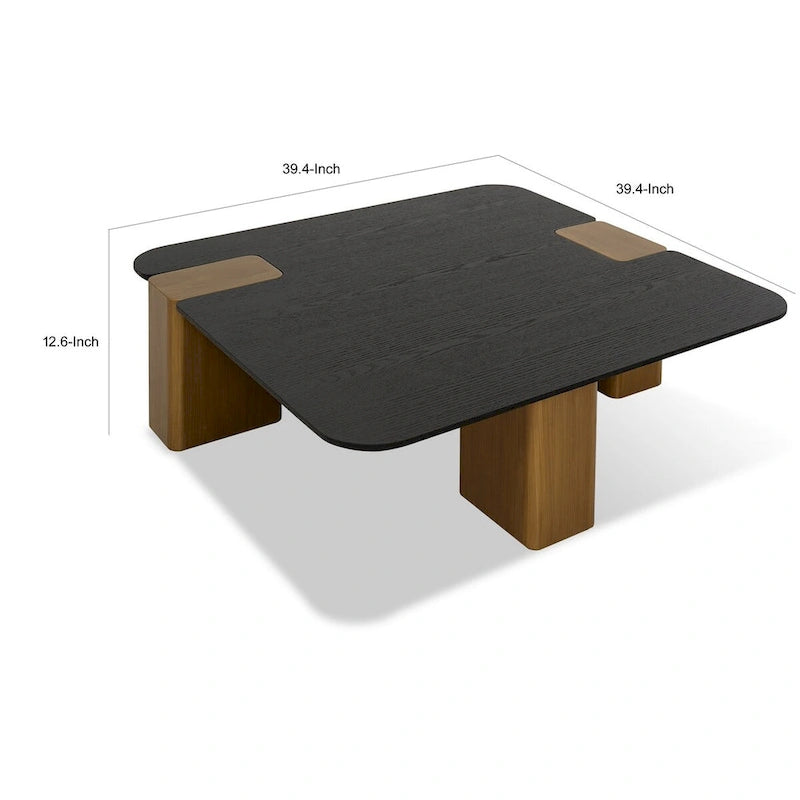 39 Inch Coffee Table, Square Black Veneer, Brushed Gold Block Legs