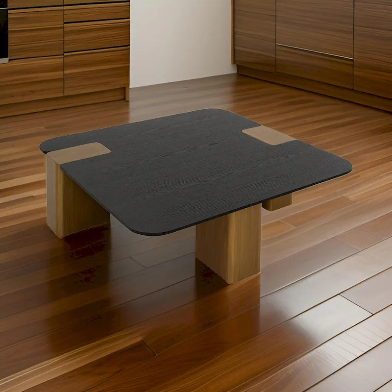 39 Inch Coffee Table, Square Black Veneer, Brushed Gold Block Legs